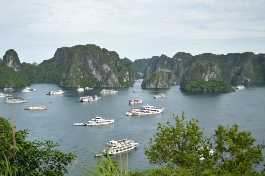 Limestone islands and boats in Ha Long Bay, Vietnam